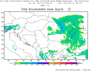 Stratul de zapada cumulat pana joi dimineata. Sursa: model HREWS - CTL