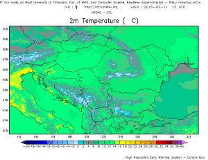 temperaturile la nivelul de 2 m pentru dupa-amiaza zilei de miercuri. Sursa: model WRF Rometex