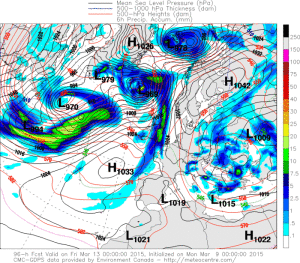 Presiunea redusa la nivelul marii si campul precipitatiilor vineri dimineata. Sursa: meteocentre.com - model GEM