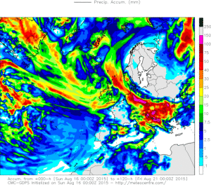 Cantitati foarte importante de precipitatii asteptate a se inregistra pana vineri, izolat peste 100 de mm! Sursa: meteocentre.com, model GEM.