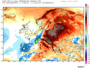 Estimarea abaterii temperaturii medii in Europa pana vineri fata de normalul climatologic al perioadei. Valori cu pana la 10 grade mai ridicate fata de medie sunt asteptate in Polonia, cat si in Austria, Croatia sau Bosnia si Hertegovina! Sursa: weatherbell.com, model GFS.