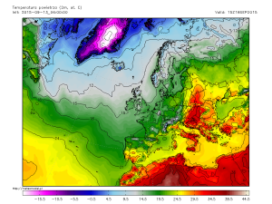 Temperaturile maxime estimate a se inregistra pe parcursul zilei de vineri. Vestul Romaniei se va afla din nou in centrul advectiei de aer cald de provenienta sahariana, cum s-a intamplat de altfel si in cazul precedentelor doua valuri caniculare! Sursa: meteomodel.pl, model GFS.