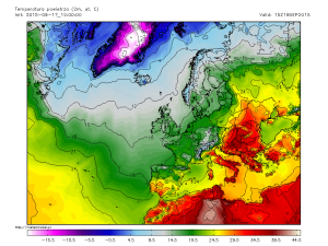 Temperaturi maxime estimate a se inregistra pe parcursul zilei de vineri; valori termice extrem de ridicate pentru aceasta perioada a anului sunt asteptate in vestul tarii. Sursa: meteomodel.pl, model GFS.