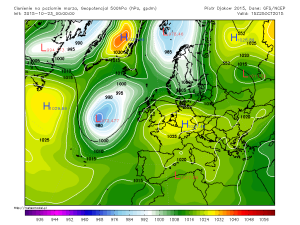 Configuratia sinoptica pentru ziua de duminica - un maxim baric centrat in zona Germaniei si a Frantei ("H") va aduce o vreme in general frumoasa in aproape toata Europa, inclusiv in Romania. Sursa: meteomodel.pl, model GFS.