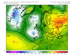 Centrul de presiune ridicata de la sfarsitul saptamanii ("H") va aduce o vreme frumoasa in aproape toata Europa (inclusiv in tara noastra), desi diminetile se vor mentine racoroase. Sursa: meteomodel.pl, modelGFS.