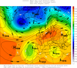 Presiunea atmosferica va fi deosebit de ridicata duminica dimineata in tara noastra: 1042-1046 de milibari! Sursa: meteocentre.com, model GEM.