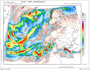 Precipitatiile estimate a se acumula pana sambata dimineata in Europa. Dupa cum se poate vedea pe harta de mai sus, sunt zero sanse de precipitatii in urmatoarele zile pe teritoriul Romaniei. Sursa: modellzentrale.de, model WRF.