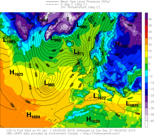 Temperaturi deosebit de scazute estimate a se inregistra in dimineata de Revelion, minimele termice nationale urmand sa fie cuprinse in general intre -20 si -10 grade Celsius. Desi anul trecut de Revelion temperaturile au fost mai scazute, in acest an senzatia de frig va fi mai accentuata datorita vantului moderat. Sursa: meteocentre.com, model GEM.