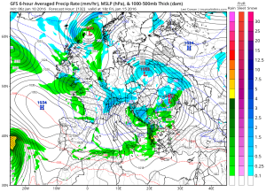 Estimarea intensitatii precipitatiilor si tipul acestora pentru seara zilei de vineri. Sursa: tropicaltidbits.com, model GFS.