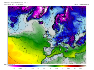 Temperaturile estimate a se inregistra in cursul diminetii de miercuri. Va fi ger puternic mai ales in centrul, sudul si estul tarii, unde minimele termice de sub -15...-20 de grade Celsius vor fi frecvente. Sursa: meteomodel.pl, model GFS.