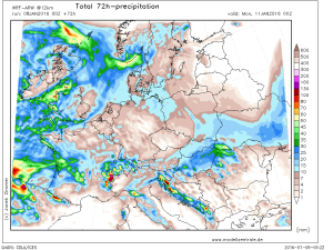 Precipitatiile estimate a se acumula pana duminica noaptea in Romania. Cantitati mai importante de apa sunt asteptate in nord-vestul tarii, in muntii Apuseni si in nordul Carpatilor Orientali, nefiind excluse inregistrarea unor valori cumulate de pana la 40-50 de mm pe intreg parcursul intervalului. Sursa: modellzentrale.de, model WRF-ARW.