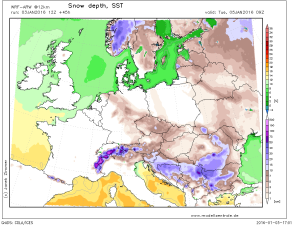 Stratul de zapada estimat a se depune pana marti dimineata. Cele mai abundente ninsori se vor semnala in Oltenia, vestul Munteniei si in Carpatii Meridionali. Sursa: modellzentrale.de, model WRF-ARW.