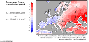 Abaterile termice pozitive in urmatoarea saptamana vor fi foarte ridicate (pana la 8-10 grade Celsius in Moldova), continuand astfel sirul de zile deosebit de calde inceput la sfarsitul lunii ianuarie. Sursa: wxmaps.org, model GFS.