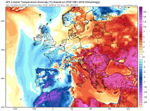 Incalzirea de duminica va fi una accentuata, datorata unei advectii de aer tropical pe partea anterioara a unei depresiuni mediteraneene. Abaterile termice pozitive fata de media climatologica a perioadei vor fi de pana la 15 grade Celsius, cu precadere in regiunile vestice ale tarii. Sursa: tropicaltidbits.com, model GFS.