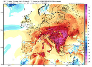 Abateri termice pozitive foarte mari estimate a se inregistra luni la pranz in zona Romaniei. In sudul Olteniei temperaturile vor fi chiar si cu pana la 18 grade mai ridicate fata de media climatologica a perioadei. Sursa: tropicaltidbits.com, model GFS.