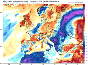 Abaterile termice estimate pentru dimineata zilei de sambata. In nordul tarii temperaturile vor fi cu pana la 12-14 grade mai scazute fata de valorile termice specifice acestei perioade. Sursa: tropicaltidbits.com, model GEM.