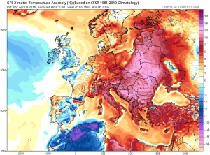 Abaterile termice estimate a se inregistra miercuri dupa-amiaza. Din nou Romania se va afla in centrul acestor abateri, in sudul Transilvaniei si in zonele montane temperaturile urmand sa fie cu pana la 15-16 grade Celsius mai ridicate fata de normalul climatologic al perioadei. Sursa: tropicaltidbits.com, model GFS.