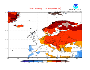 Abaterea temperaturilor medii estimate pentru luna aprilie in raport cu media climatologica. Desi vor fi si unele zile mai reci, per total luna aprilie va fi mai calda decat ar fi normal, cu abateri pozitive de pana la 2 grade Celsius in nordul tarii. Sursa: NOAA/CFS.