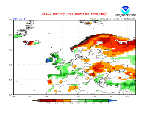 Abaterea cantitatilor de precipitatii estimate pentru luna aprilie in raport cu media climatologica. Nordul Romaniei va inregistra un deficit de precipitatii, in timp ce in sud cantitatile de apa vor fi apropiate de normele climatologice, chiar cu un usor excedent in sudul extrem. Sursa: NOAA/CFS.