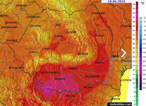 Temperaturile maxime asteptate a se inregistra pe parcursul zilei de sambata. Epicentrul caldurii va fi in sudul Olteniei, unde maximele termice se vor apropia de pragul de 40 de grade Celsius, iar umiditatea ridicata va spori masiv senzatia de disconfort. Astfel de temperaturi extreme nu sunt neobisnuite in lunile iulie si august, insa in iunie acestea se inregistreaza mult mai rar. Sursa: meteoblue.com.