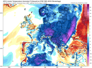 Abaterile termice fata de media climatologica a perioadei estimate a se inregistra in cursul dupa-amiezii de vineri. Frontul rece este foarte bine reliefat pe harta de mai sus, in zonele sud-estice ale tarii abaterile termice negative urmand sa fie cele mai pronuntate: pana la 10-15 grade Celsius! Sursa: tropicaltidbits.com, model GFS.