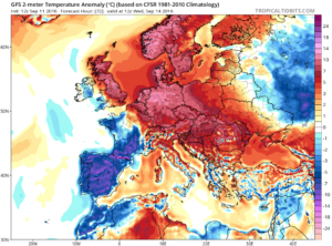 Estimarea anomaliilor termice in raport cu media climatologica a perioadei pentru dupa-amiaza zilei de miercuri. In vestul, centrul si nordul tarii temperaturile vor fi cu pana la 7 grade Celsius mai ridicate decat ar fi normal pentru mijlocul lunii septembrie, insa si in restul zonelor va fi cald, cu abateri pozitive de pana la 4-5 grade Celsius. Sursa: tropicaltidbits.com, model GFS.